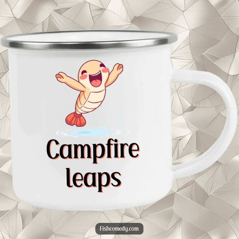 Funny Shrimp Leap Camping Mug: A delighted shrimp leaps joyfully out of the water, perfect for outdoor fun and gifts.