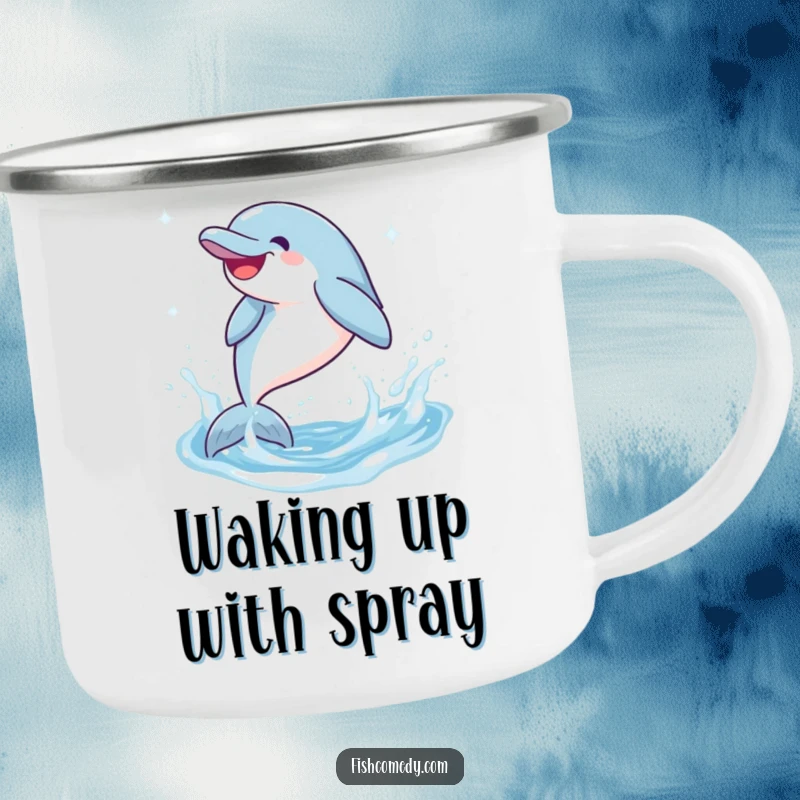 Funny Dolphin Camping Mug: A giggling dolphin leaps and splashes in sparkling water, a durable and humorous mug for outdoor enthusiasts.