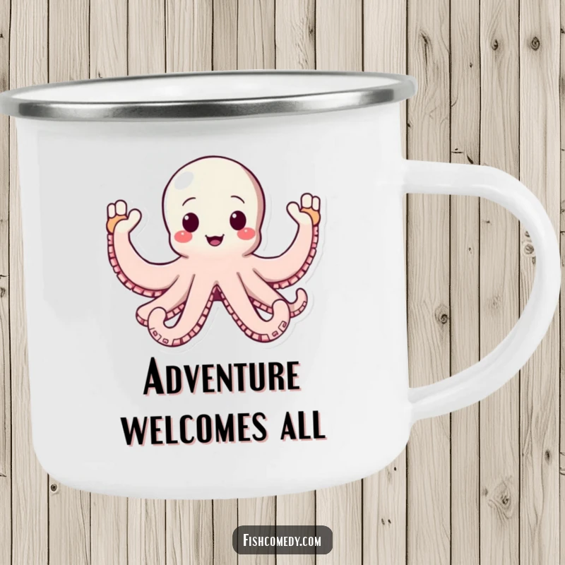 Funny Octopus Camping Mug: A happy octopus waves all its arms enthusiastically, a durable and humorous mug for outdoor enthusiasts.
