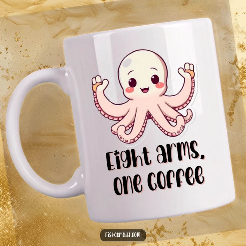 Funny Octopus Mug: A happy octopus enthusiastically waves all its eight arms in a cheerful and welcoming greeting, radiating positivity.