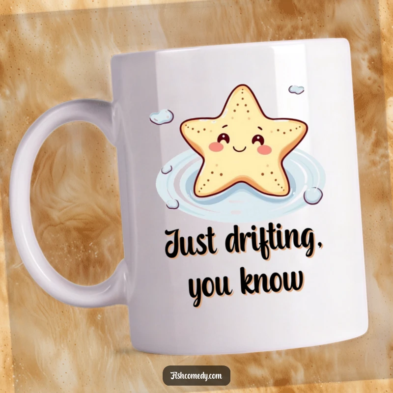Funny Starfish Mug: A smiling starfish floats contentedly on a gentle current, embodying a relaxed and peaceful state of mind.