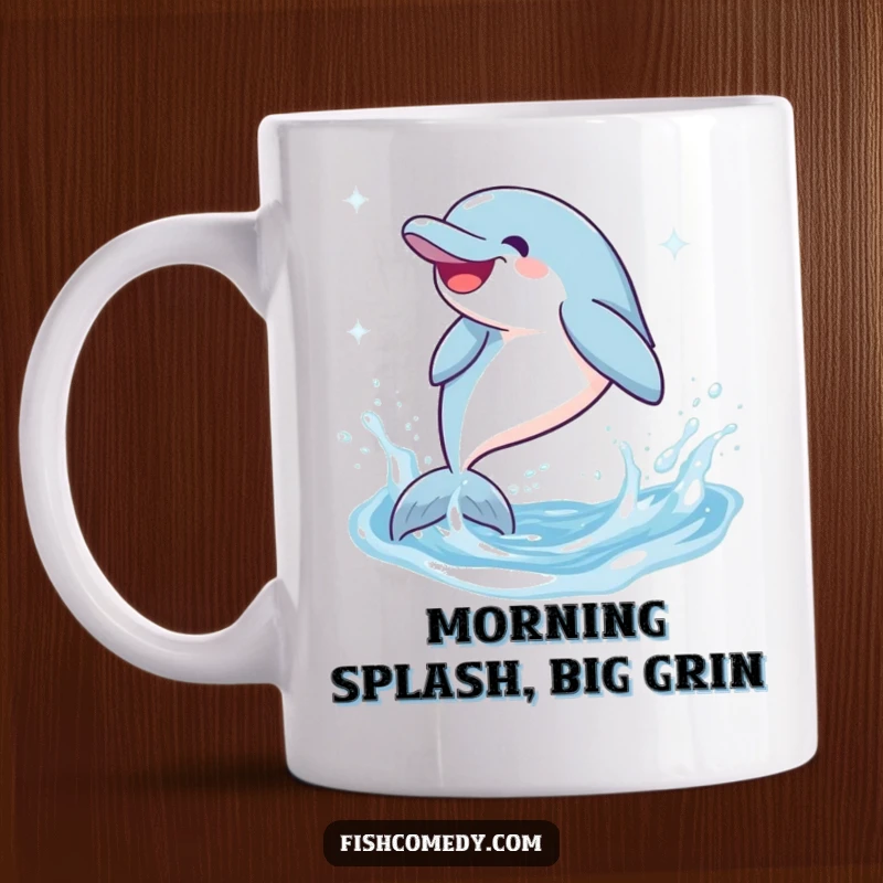 Funny Dolphin Mug: A giggling dolphin leaps and splashes exuberantly in sparkling water, embodying pure joy and aquatic fun.