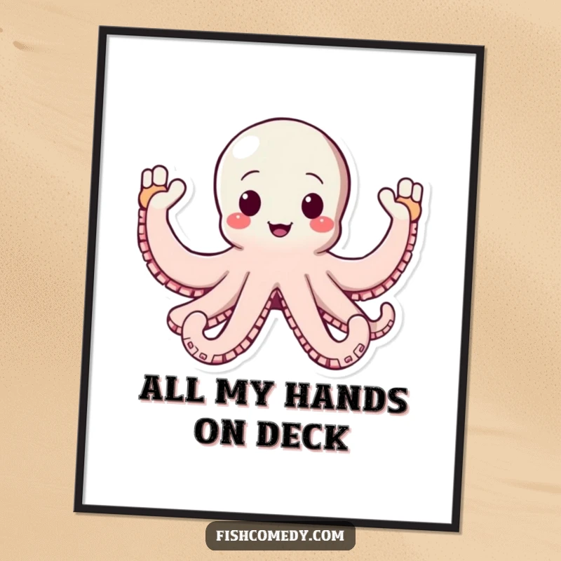 Funny Octopus Digital Art Print: A happy octopus waves all its arms enthusiastically, offering a vibrant and humorous downloadable artwork.