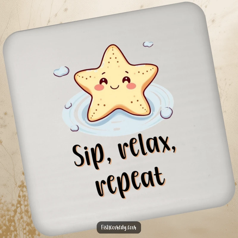 Funny Starfish Drink Coaster: A smiling starfish floats contentedly on a gentle current, adding a fun and protective touch to any drink surface.