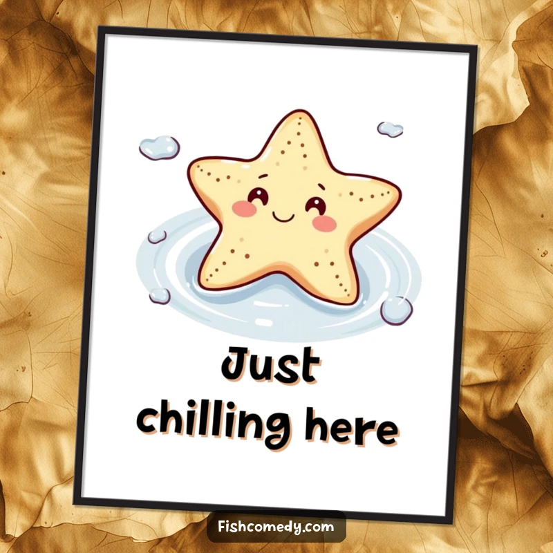 Funny Starfish Poster: A smiling starfish floats contentedly on a gentle current, creating a serene and humorous piece of ocean-themed wall art.