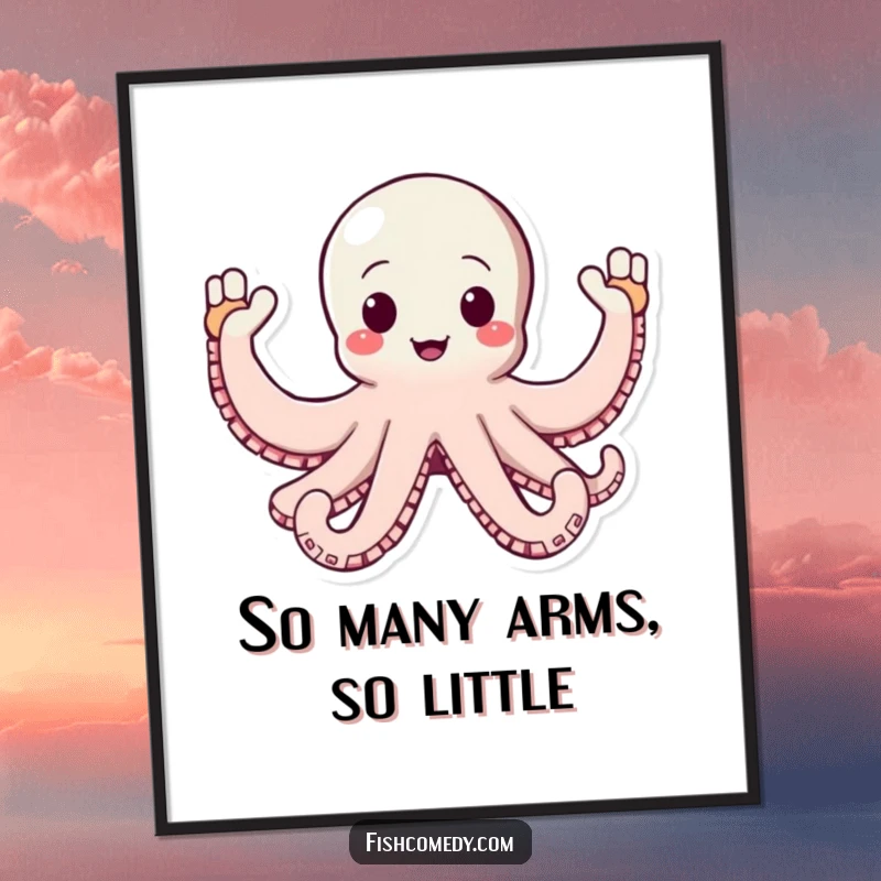 Funny Octopus Poster: A happy octopus waving all its arms enthusiastically, creating a lively and humorous piece of ocean-themed wall art.