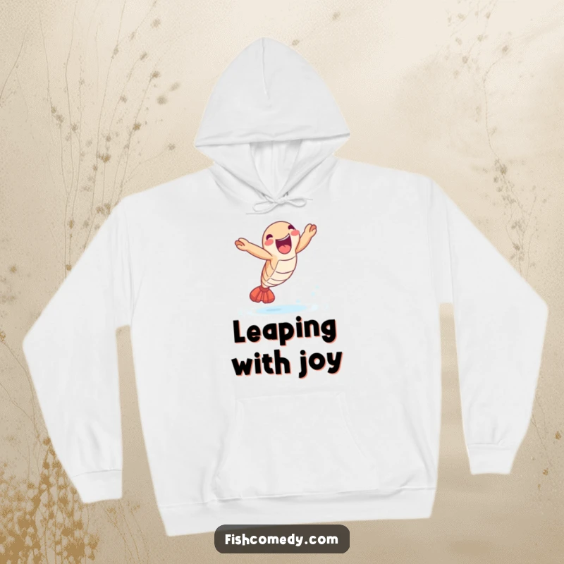 Funny Shrimp Leap Hoodie: A delighted shrimp leaps joyfully out of the water, offering warmth and a funny touch.
