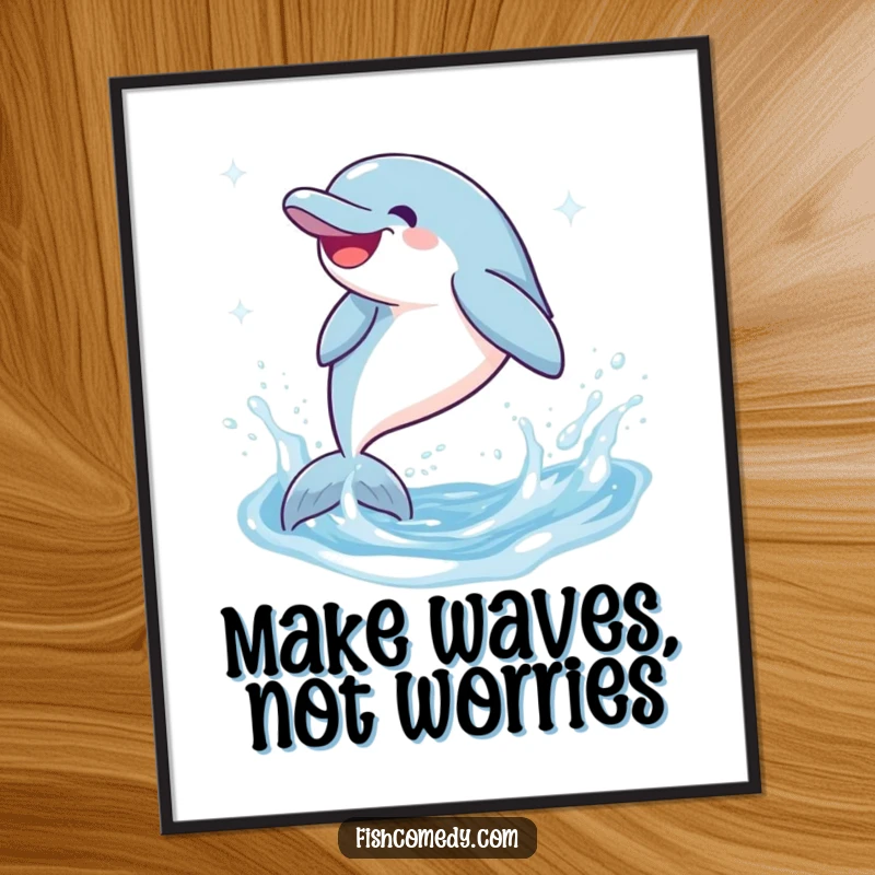 Funny free printable wall art of a giggling dolphin leaping and splashing energetically in sparkling blue water.