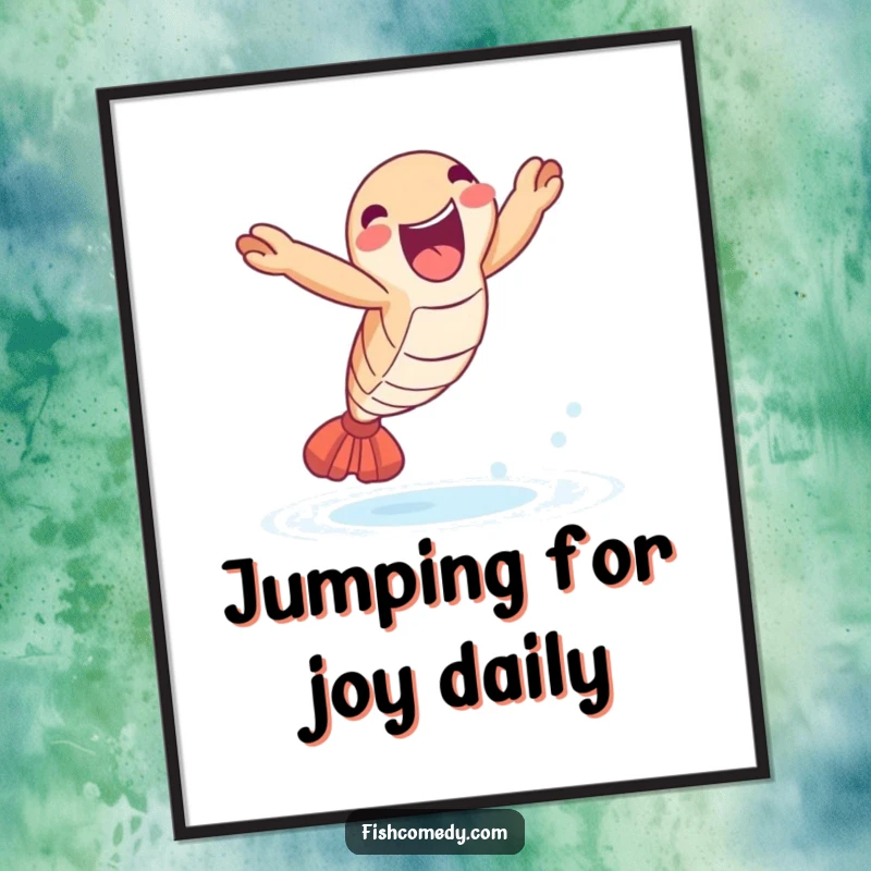 Funny Free Printable Wall Art: A delighted shrimp is captured mid-leap, joyfully emerging from the water.