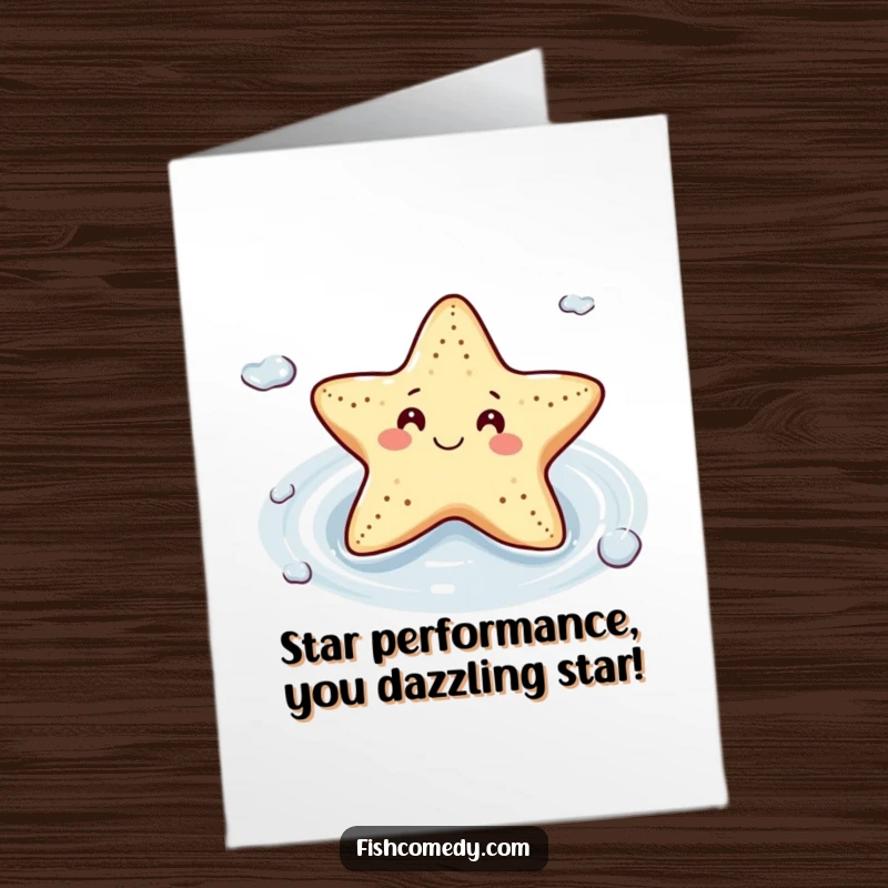 Free printable congratulations card with a smiling starfish floating contentedly on a gentle current, celebrating success calmly.