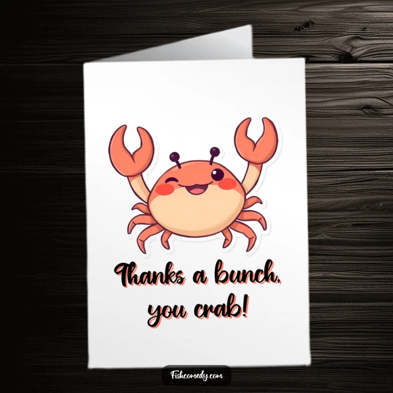 Funny free printable thank you card showing a mischievous crab wiggling its claws, expressing gratitude with a grin.
