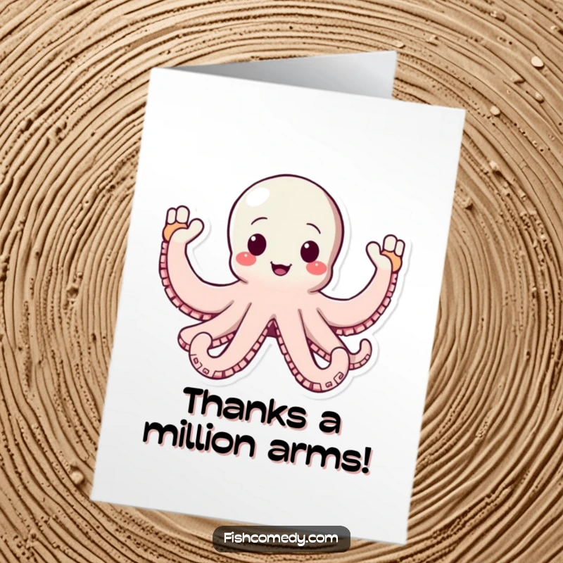 Funny free printable thank you card with a happy octopus waving all its arms enthusiastically to express gratitude.