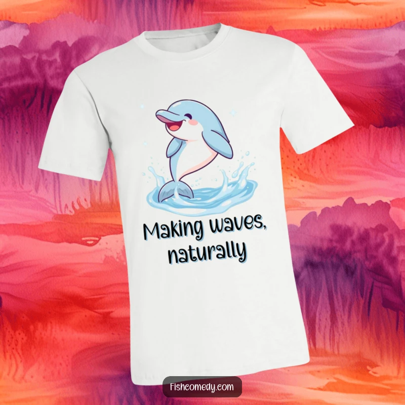 Funny Dolphin T-Shirt: A giggling dolphin leaps and splashes in sparkling water, capturing a moment of pure, unadulterated fun and joy.
