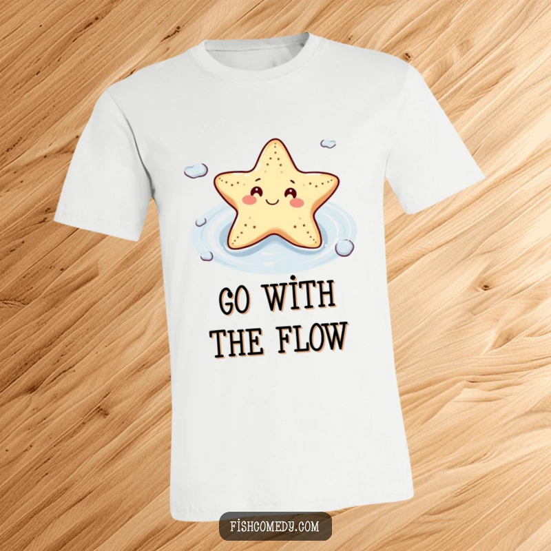 Funny Starfish T-Shirt: A smiling starfish floats contentedly on a gentle current, representing a carefree and relaxed attitude, perfect for summer.