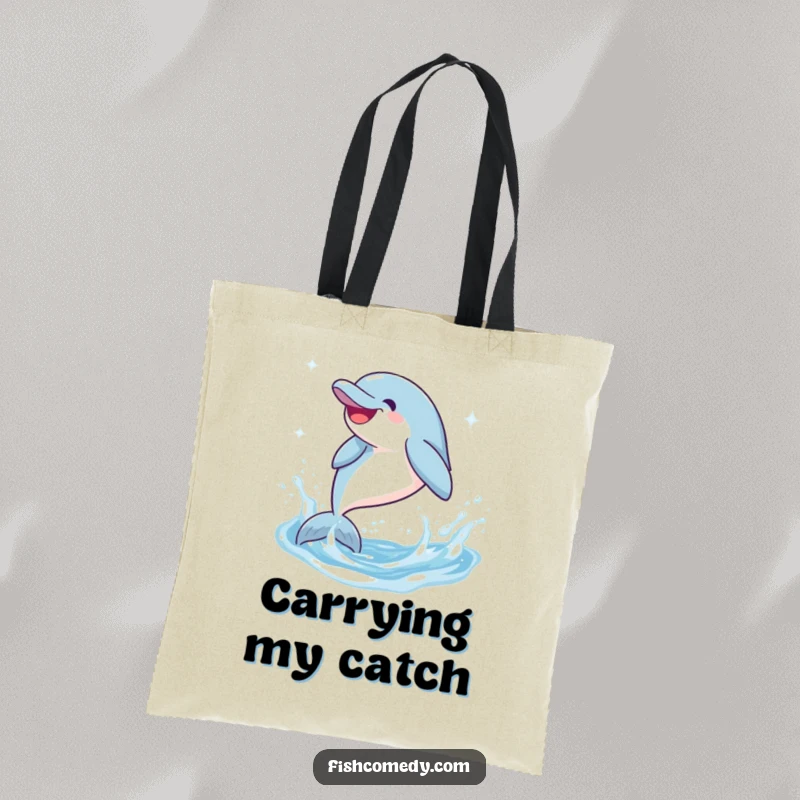 Funny Dolphin Tote Bag: A giggling dolphin leaps and splashes in sparkling water, making this a practical and humorous bag for everyday use.